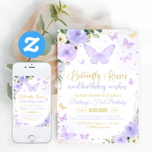 First Butterfly Kisses Purple Butterfly Birthday Invitation