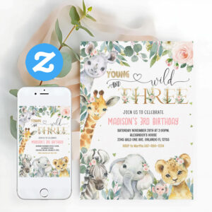 Girl Young Wild And Three 3rd Animal Birthday Invitation