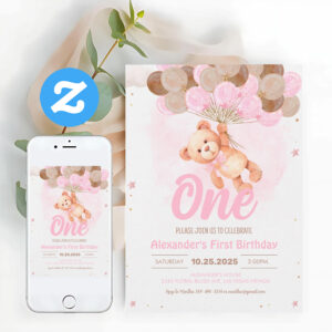 Pink Teddy Bear 1st Birthday Bear With Balloons Invitation