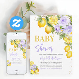 Citrus Floral Purple Lemon Baby Shower Invitation