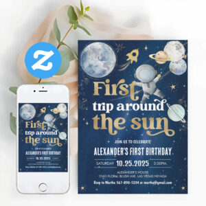 First Trip Around The Sun Outer Space Birthday Invitation