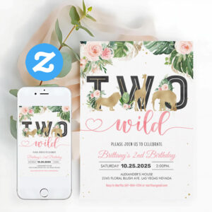 Girl Two Wild Safari Animals Birthday Invitation