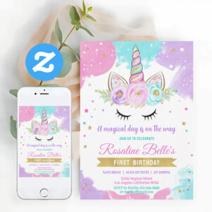 Magical Unicorn Girl Gold Birthday Invitation
